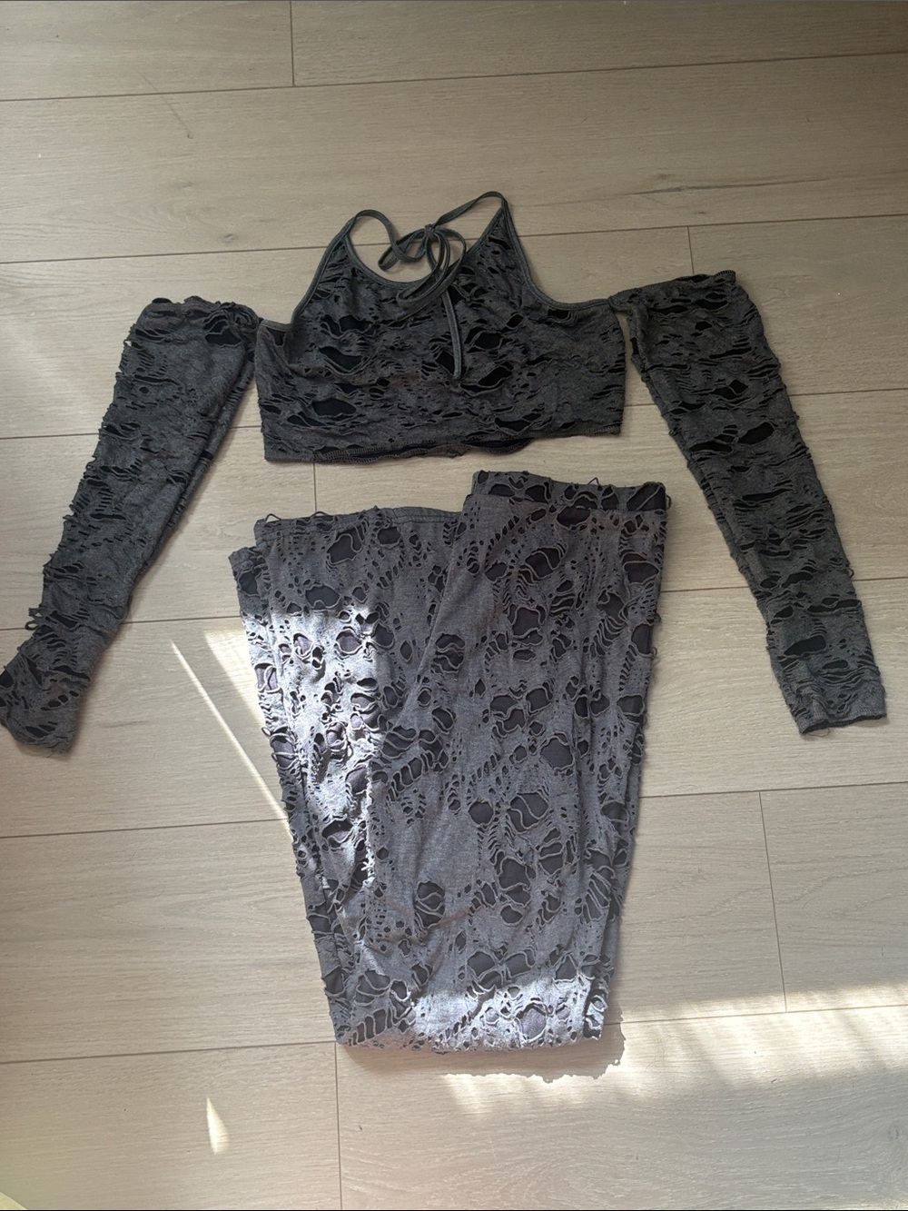 Shein 2 Piece distressed set with cropped halter top and flare bottoms